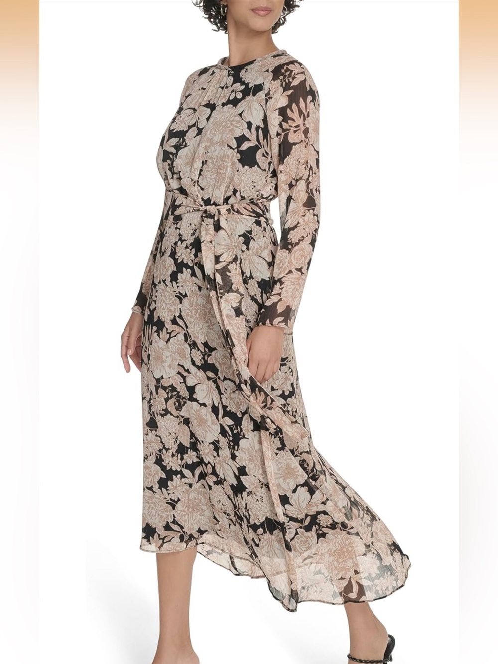 Tommy Hilfiger Black & Beige Floral Long-Sleeve Midi Dress